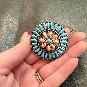 FAUX Turquoise and Orange Floral Statement Ring